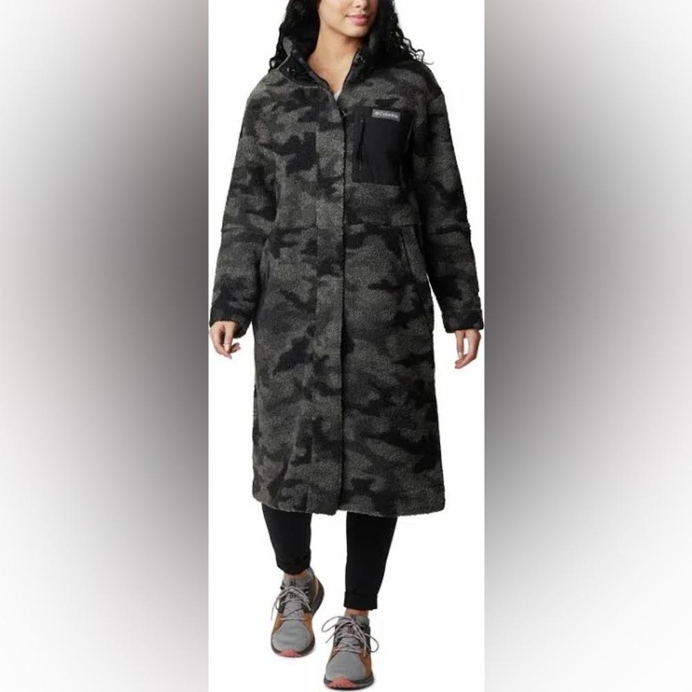 Long Sherpa Coat in Charcoal Camo - Women’s Cozy Jacket